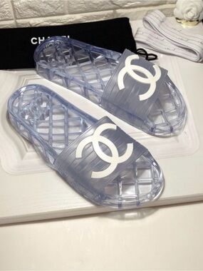 CHANEL Transparent Jelly Slide Sandals with White CC Logo